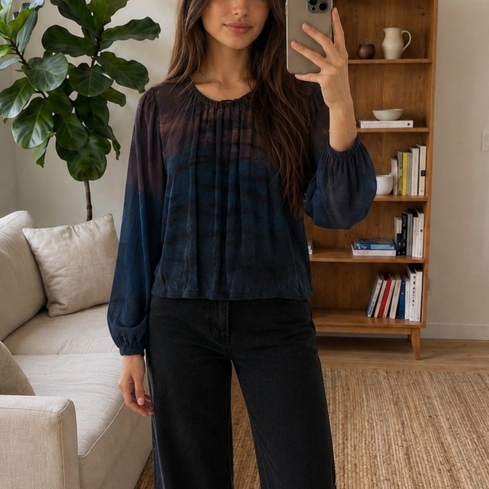 Bella Dahl Womens Blouse M Blue‎ Brown Ombre Tie Dye Long Sleeve Pleated Boho